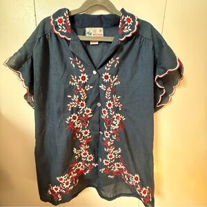 Mystic Navy Floral Embroidered Button Down Shirt